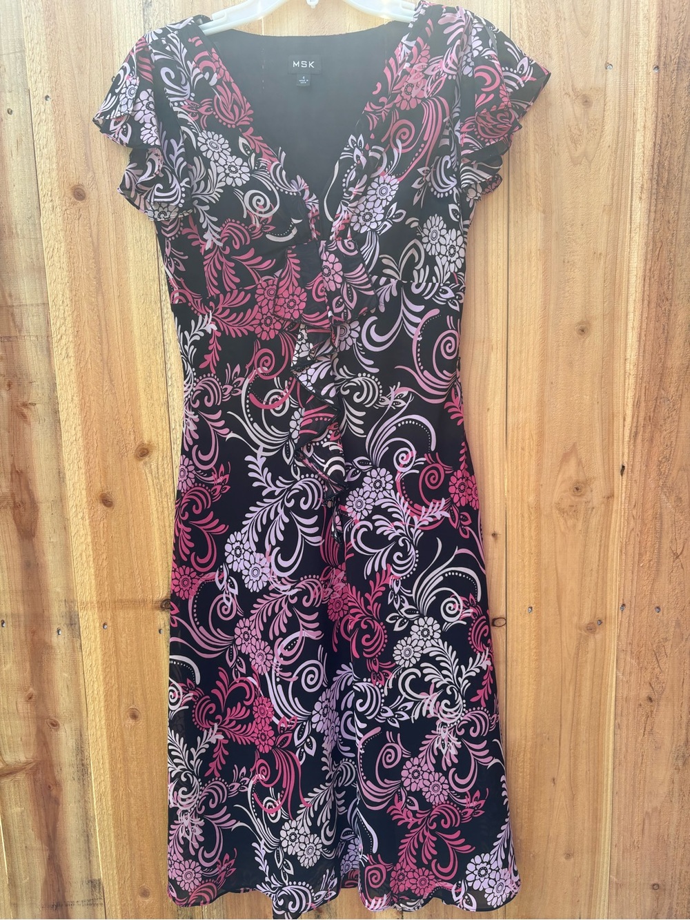 MSK Black V-Neck Midi Dress with Pink Floral Swirl